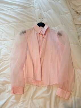 Astr Light Pink Sheer Puff-Sleeve Button-Up Blouse